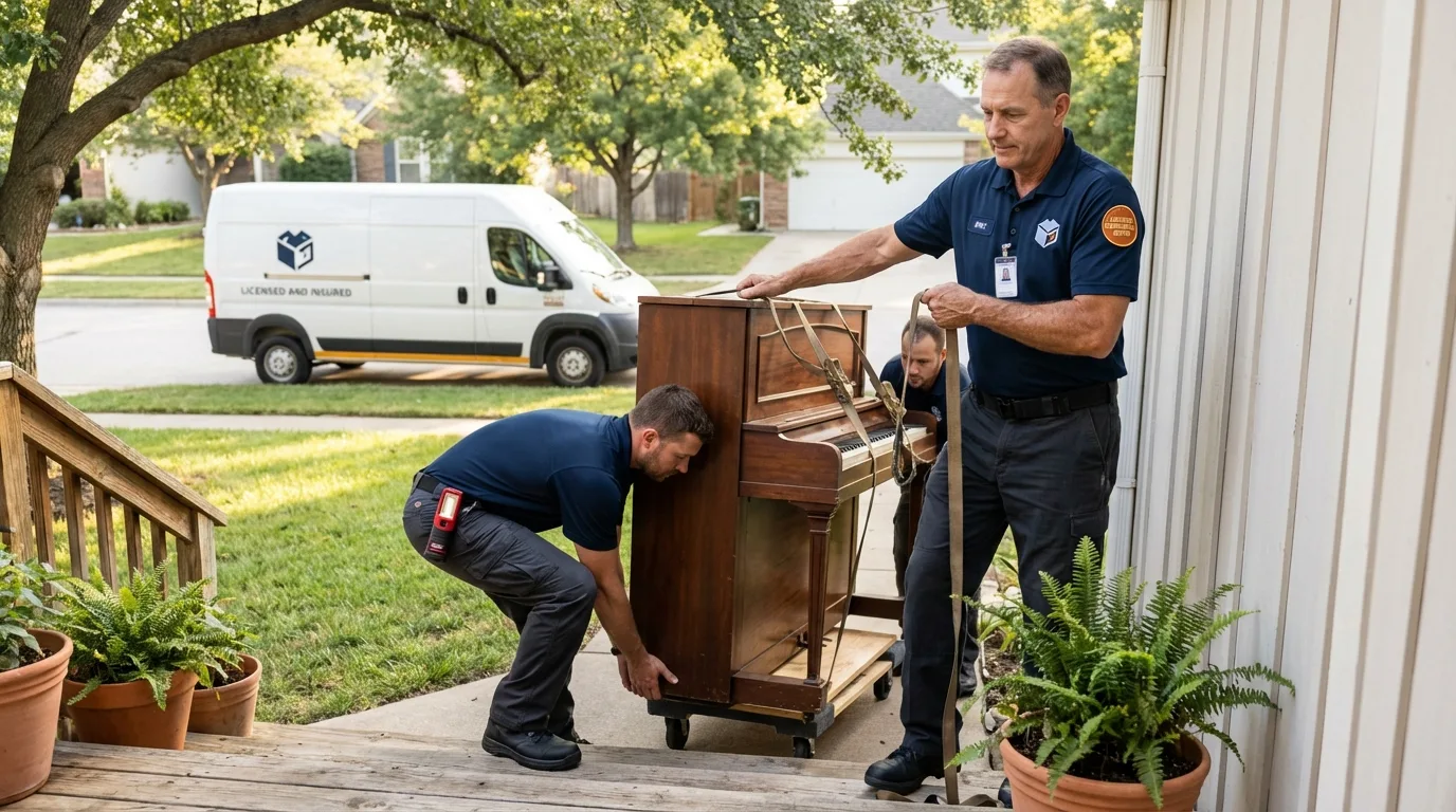 Licensed piano movers securing grand piano in Kosciusko, MS