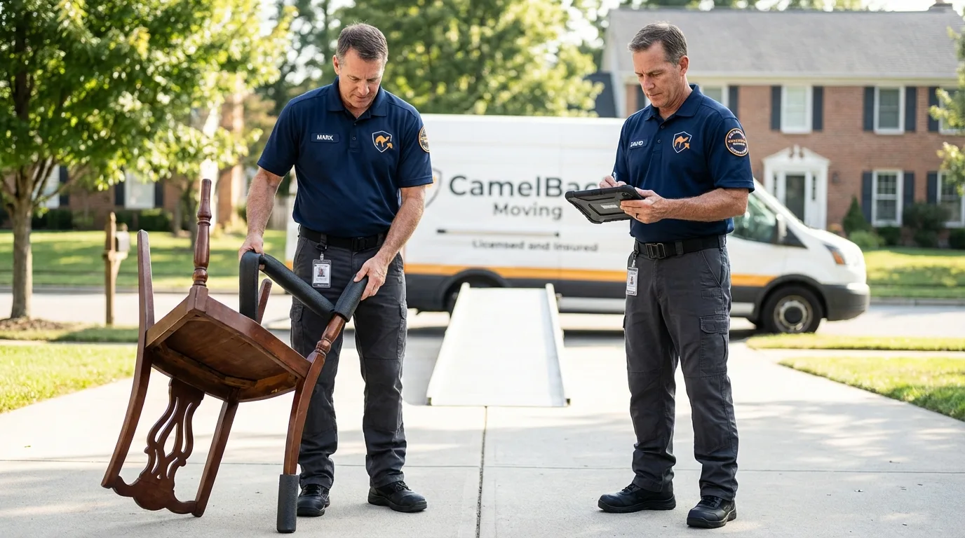 Movers inspecting furniture for damage prevention before loading in Kosciusko, MS