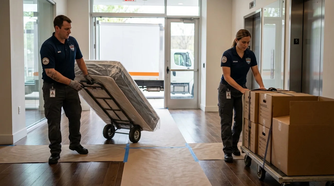 Professional apartment movers loading elevator in Kosciusko, MS